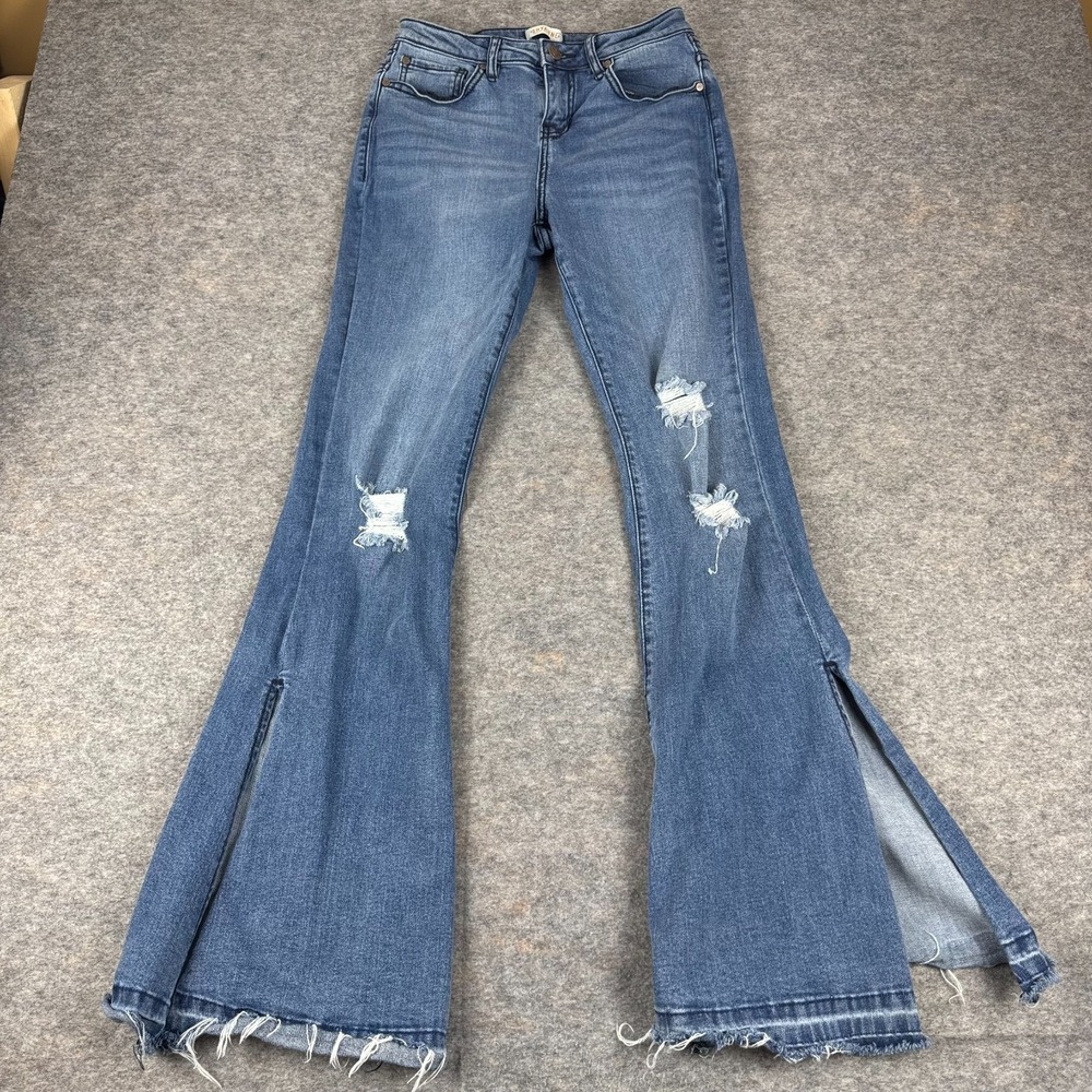 Shyanne Denim Flare Jeans 32" Distressed Side Slit Blue Womens 28